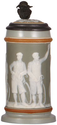 Mettlach stein, .5L, 2627, cameo, by Stahl, bicycles, inlaid lid, factory interior glaze flaw.