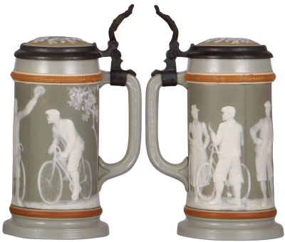 Mettlach stein, .5L, 2627, cameo, by Stahl, bicycles, inlaid lid, factory interior glaze flaw. - 2