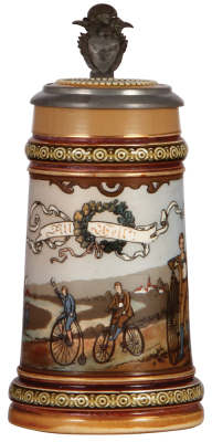 Mettlach stein, .5L, 2190, etched, inlaid lid, safety and high-wheel bicycles, mint. 