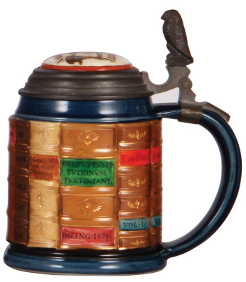 Mettlach stein, .5L, 2001A, decorated relief, Law Book stein, inlaid lid, mint.  - 2