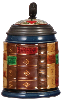 Mettlach stein, .5L, 2001 H, decorated relief, Forestry Book Stein, inlaid lid, mint.