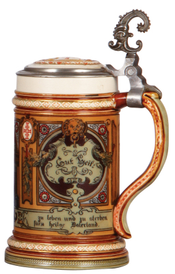 Mettlach stein, .5L, 1914, etched, 4F Turner, inlaid lid, interior browning, otherwise mint. - 2