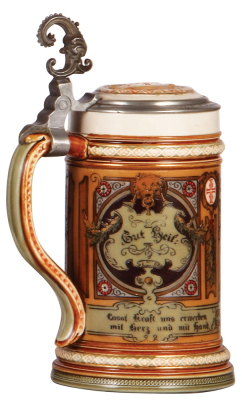 Mettlach stein, .5L, 1914, etched, 4F Turner, inlaid lid, interior browning, otherwise mint. - 3