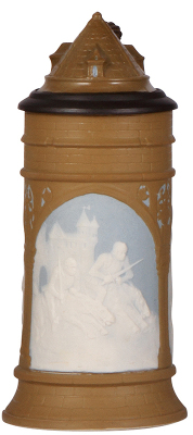 Mettlach stein, .5L, 2479, cameo, by Stahl, inlaid lid, mint.