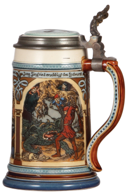 Mettlach stein, .5L, 2394, etched, inlaid lid, minor pewter tear repaired, otherwise mint.  - 2