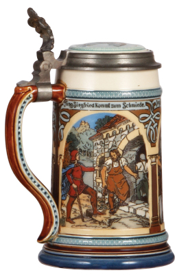 Mettlach stein, .5L, 2394, etched, inlaid lid, minor pewter tear repaired, otherwise mint.  - 3