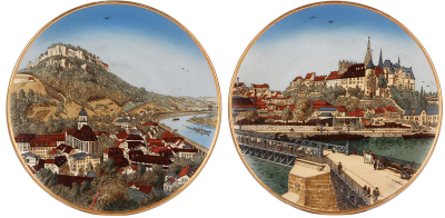 Pair Mettlach plaques, 17.2'' d., 2517 & 2518, etched, Königstein & Meissen, 2517 has two shallow chips on hanging rim in rear, 2518 mint.