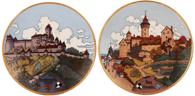 Pair Mettlach plaques, 17.5'' d., 3182 & 3183, etched, Hohkönigsburg & Burg Nürnberg, mint.