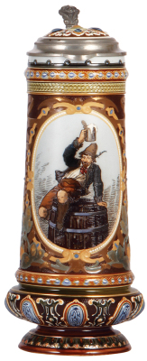 Mettlach stein, 1.5L, 13.1" ht., 2103, etched, inlaid lid, minor dents on pewter edge, otherwise mint.