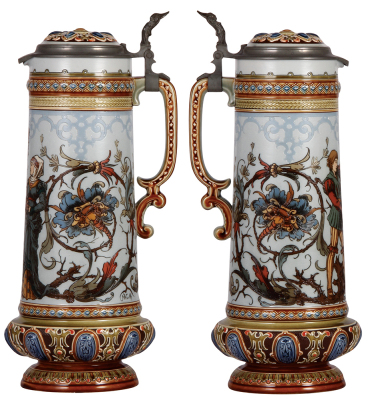 Mettlach stein, 2.1L, 15.1" ht., 1734, etched, inlaid lid, by C. Warth, inlay cracked. - 2