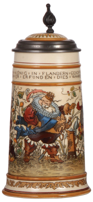 Mettlach stein, 1.0L, 2027, etched, inlaid lid, a few flakes on lower red band.