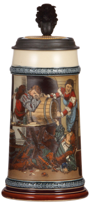 Mettlach stein, 1.0L, 2500, etched, inlaid lid, mint.