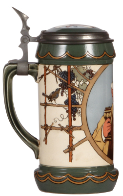 Mettlach stein, 1.0L, 3092, etched, by. H. Schlitt, inlaid lid, mint. - 3