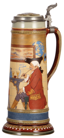 Mettlach stein, 2.5L, 15.6'' ht., 2751, etched, by H. Schlitt, inlaid lid, mint.