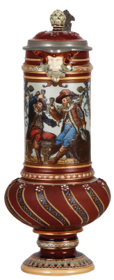 Mettlach stein, 2.1L, 16.1" ht., 1916, etched, inlaid lid, by C. Warth, mint.