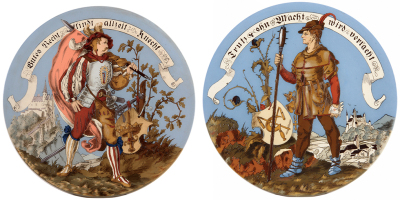 Pair Mettlach plaques, 14.5" d., 1384 & 1385, etched, mint.