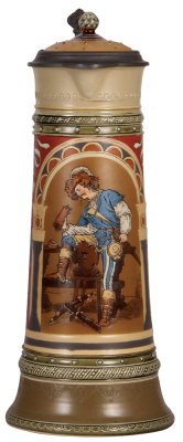 Mettlach stein, 3.0L, 16.4" ht., 2430, etched, inlaid lid, mint.