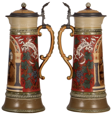 Mettlach stein, 3.0L, 16.4" ht., 2430, etched, inlaid lid, mint. - 2