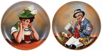 Pair Mettlach plaques, 12.0" d., 411 & 412/1044, PUG & hand-painted, a little gold wear, otherwise mint.