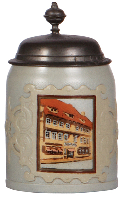 Mettlach stein, .5L, 1698, etched, Alte Fink, pewter lid, dueling marks on lid, mint.