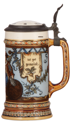 Mettlach stein, .5L, 1932, etched, by C. Warth, custom lid: Ulmer Doppel Stock Lager 1897, custom Württemberg thumblift, rare, mint. - 2