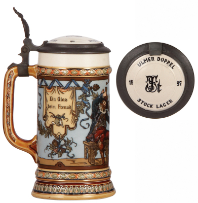 Mettlach stein, .5L, 1932, etched, by C. Warth, custom lid: Ulmer Doppel Stock Lager 1897, custom Württemberg thumblift, rare, mint. - 3