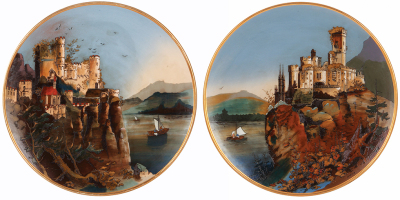 Pair Mettlach plaques, 17.2'' d., 2195 & 2196, etched, Rheinstein & Stolzenfels, mint.