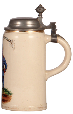Mettlach stein, 1.0L, 1526, hand-painted, dated 1905, Prosit Kameraden, pewter lid, very good pewter strap repair, a little gold wear. - 2