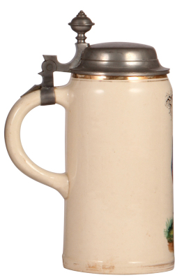 Mettlach stein, 1.0L, 1526, hand-painted, dated 1905, Prosit Kameraden, pewter lid, very good pewter strap repair, a little gold wear. - 3