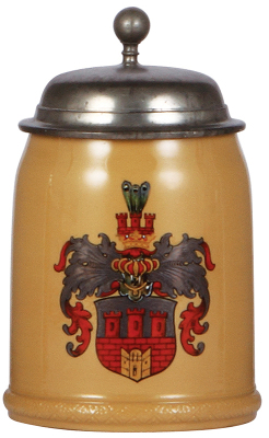 Mettlach stein, .5L, 285, hand-painted, coat-of-arms, pewter lid, mint.