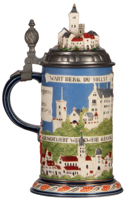 Mettlach stein, .5L, 2828, decorated relief, inlaid lid, top of tower on lid missing a small piece. - 3