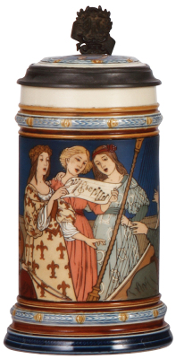 Mettlach stein, .5L, 2581, etched, inlaid lid, interior glaze browning, otherwise mint.