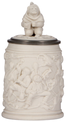 Mettlach stein, .5L, 485, relief, Parian, inlaid lid, excellent repair of hairline on side.
