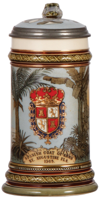 Mettlach stein, .5L, 2373, etched, St. Augustine, Florida, inlaid lid, mint.