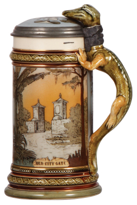 Mettlach stein, .5L, 2373, etched, St. Augustine, Florida, inlaid lid, mint. - 2