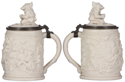 Mettlach stein, .5L, 485, relief, Parian, inlaid lid, excellent repair of hairline on side. - 2