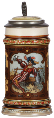 Mettlach stein, .5L, 1796, etched, by C. Warth, inlaid lid, owner I.D. inside lid, 3'' horizontal hairline on base.