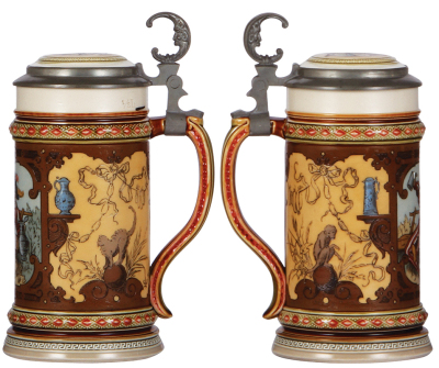 Mettlach stein, .5L, 1796, etched, by C. Warth, inlaid lid, owner I.D. inside lid, 3'' horizontal hairline on base. - 2