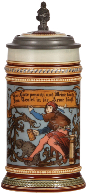 Mettlach stein, .5L, 1947, etched, inlaid lid, mint.