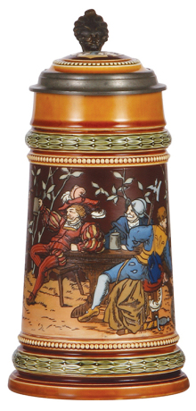 Mettlach stein, 1.0L, 1527, etched, by C. Warth, inlaid lid, base flake glued in place, otherwise mint.