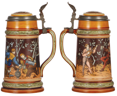 Mettlach stein, 1.0L, 1527, etched, by C. Warth, inlaid lid, base flake glued in place, otherwise mint. - 2