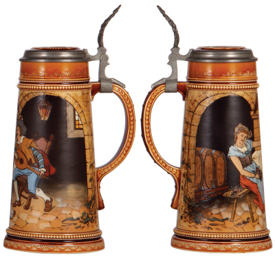 Mettlach stein, 1.0L, 2780, etched, inlaid lid, mint. - 2