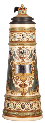 Mettlach stein, 7.0L, 1161, etched, inlaid lid, trophy placard dated 1886 pinned to front of stein body, mint.