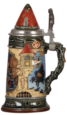 Mettlach stein, .5L, 2382, etched, by H. Schlitt, inlaid lid, working music box in base, key included, mint.  - 2