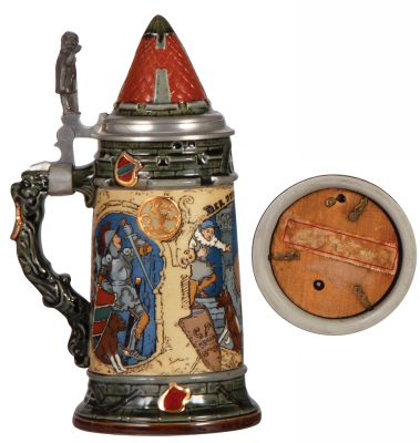 Mettlach stein, .5L, 2382, etched, by H. Schlitt, inlaid lid, working music box in base, key included, mint.  - 3