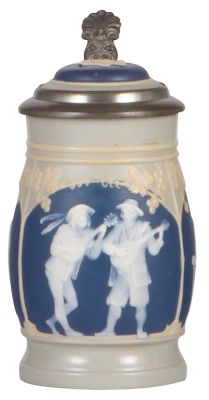 Mettlach stein, .3L, 2608, cameo, by Stahl, inlaid lid, faint 1.5'' hairline in rear.