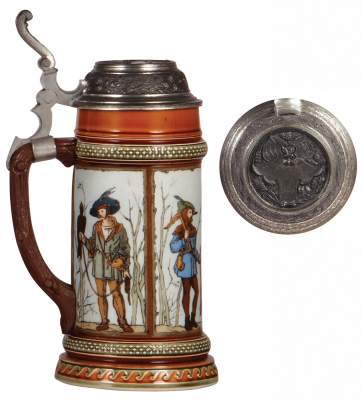 Mettlach stein, .5L, 1695, etched, original relief pewter lid, faint hairline on underside of base.. - 3