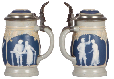 Mettlach stein, .3L, 2608, cameo, by Stahl, inlaid lid, faint 1.5'' hairline in rear. - 2