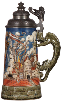 Mettlach stein, 1.0L, 1786, etched, by Otto Hupp, original pewter lid with pewter dragon head thumblift, mint.