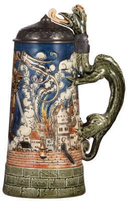 Mettlach stein, 1.0L, 1786, etched & glazed, pewter lid, mint.